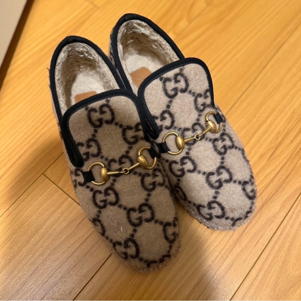 Gucci Beige Shearling Loafers with Black Trim